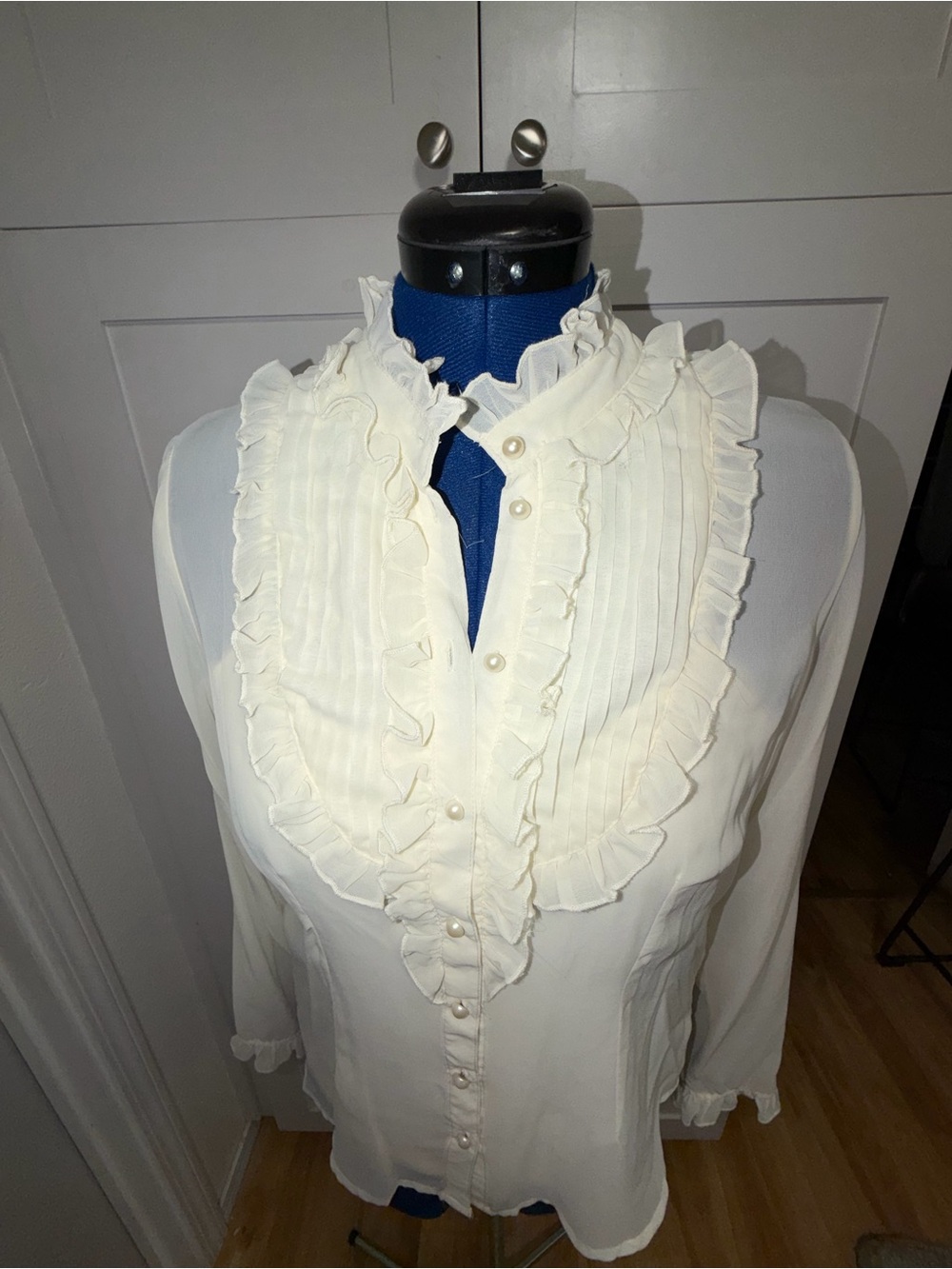 Women's Ivory Ruffle Front Blouse - Picture 6 of 12